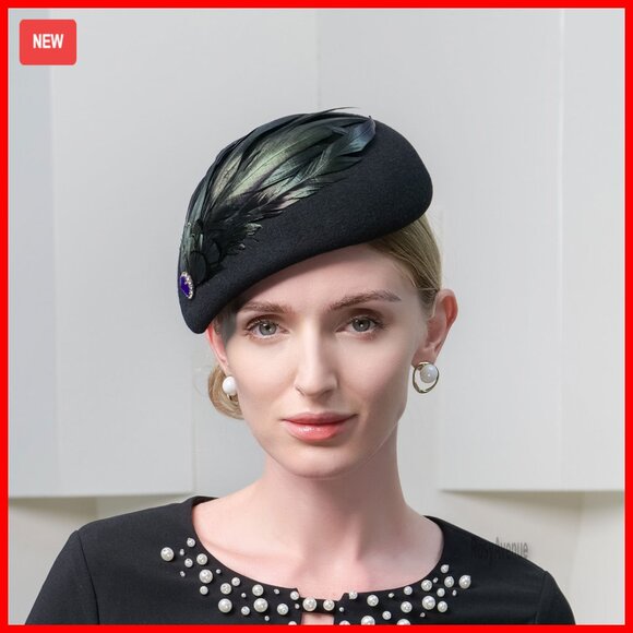 Wool Felt Pillbox Fascinator Hat with Feather Derby Style One Size main image 4